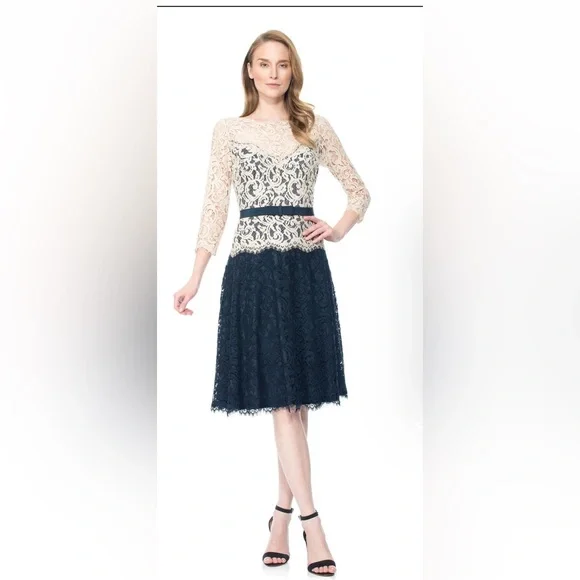 Tadashi Shoji Illusion Lace ¾ Sleeve A-Line Dress – Size 6 - Picture 1 of 8